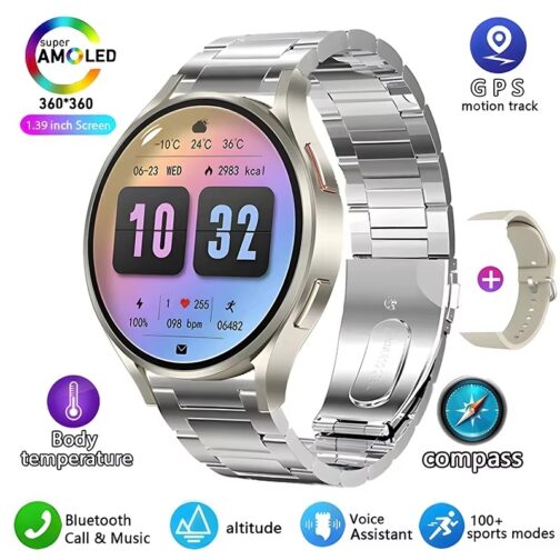 A silver - colored smartwatch with a round dial, showing the time "10:32" on the screen and some colorful function icons.
