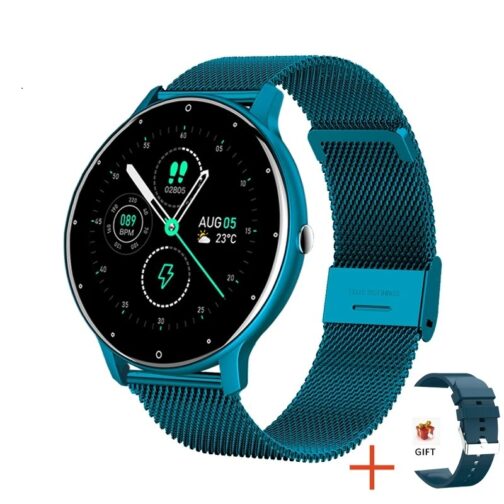 Turquoise sports smartwatch, with data shown on the screen and a heart - rate monitoring icon.