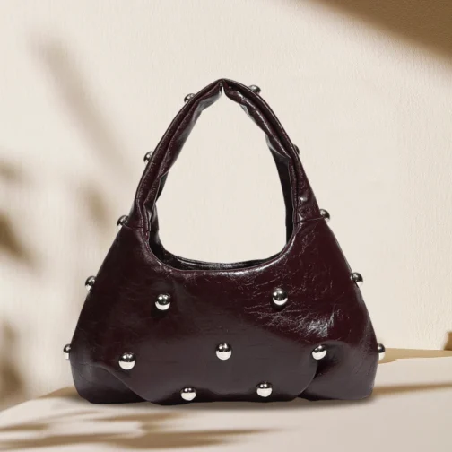 Burgundy Women's PU Studded Shoulder Bag
