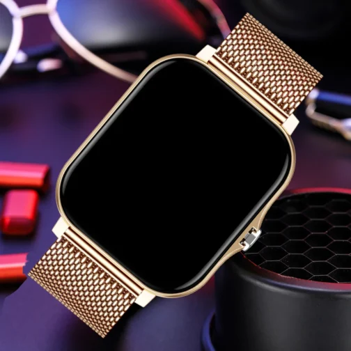 Display image of a luxurious smartwatch with a gold mesh strap