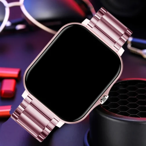 Display image of a stylish smartwatch with a rose - gold strap
