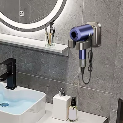 Hair Dryer Stand Wall Mount No Drilling Bathroom Holder with Cord Organizer – Large Capacity, Removable and Washable - 图片 2
