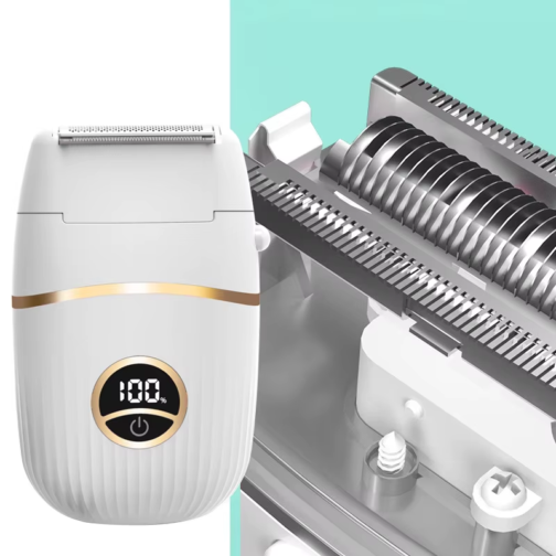 Display image of white shaver and internal structure of its shaver head