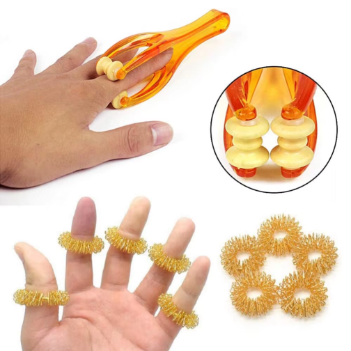 Combined display image of orange and yellow massage tools' usage scenarios